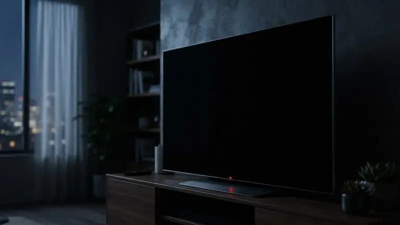 Smart TV slim em modo de espera com luz indicativa acesa em ambiente escuro de sala de estar