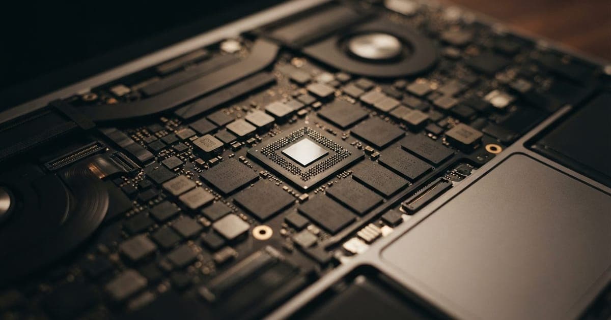 Close em placa lógica interna de MacBook Air com foco em chips de memória soldados à placa-mãe do dispositivo.