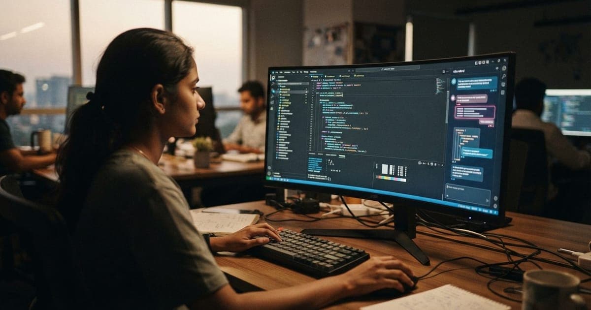 Interface de computador mostrando código de programação em ambiente de desenvolvimento com IA integrada na tela.