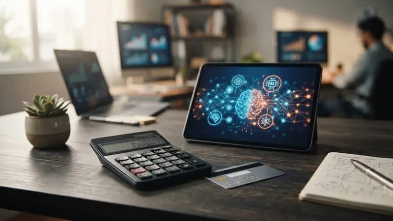Uma calculadora digital ao lado de um cartão de crédito sobre uma mesa de escritório com um tablet exibindo ícones de IA