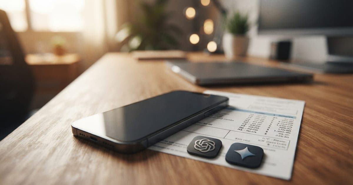 Smartphone com fatura de cartão de crédito ao lado de ícones de inteligência artificial ChatGPT e Gemini