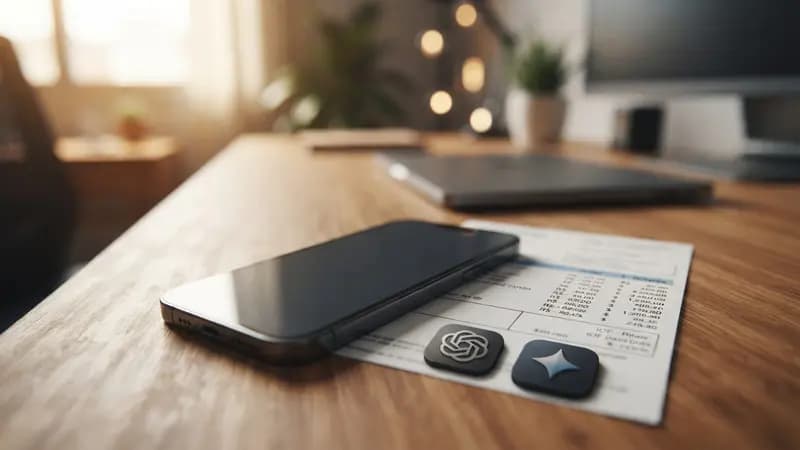 Smartphone com fatura de cartão de crédito ao lado de ícones de inteligência artificial ChatGPT e Gemini