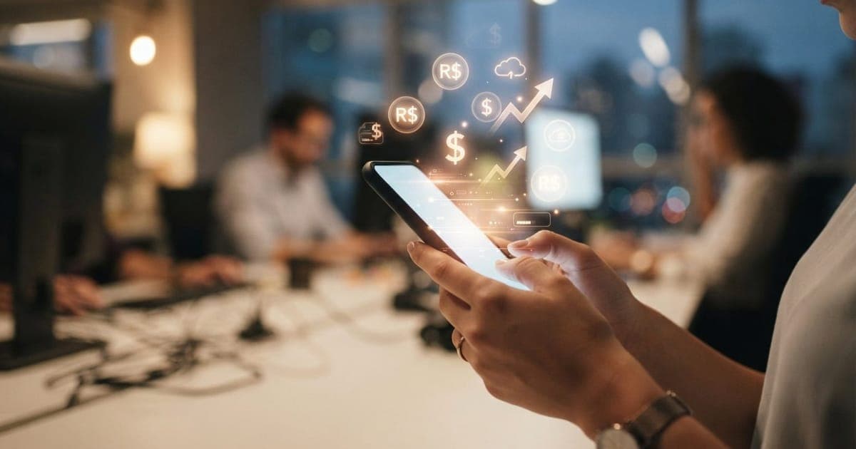Mãos segurando um smartphone com ícones de assinatura e cifrões digitais flutuando em um ambiente de escritório.