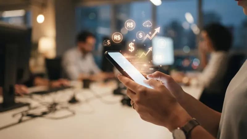 Mãos segurando um smartphone com ícones de assinatura e cifrões digitais flutuando em um ambiente de escritório.