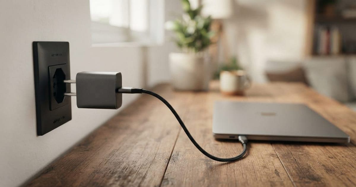 Close em um carregador USB-C moderno conectado na tomada ao lado de um notebook ultrafino sobre mesa de madeira