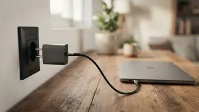 Close em um carregador USB-C moderno conectado na tomada ao lado de um notebook ultrafino sobre mesa de madeira