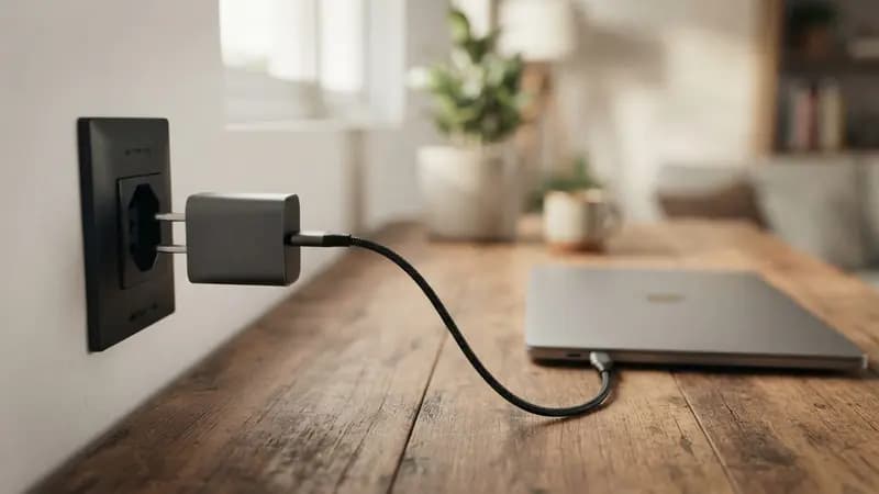 Close em um carregador USB-C moderno conectado na tomada ao lado de um notebook ultrafino sobre mesa de madeira