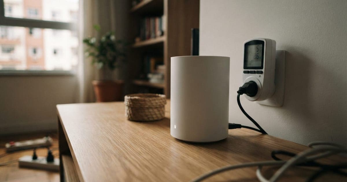 Close em um roteador Wi-Fi 6 Mesh branco sobre uma mesa com um medidor de consumo digital conectado à tomada