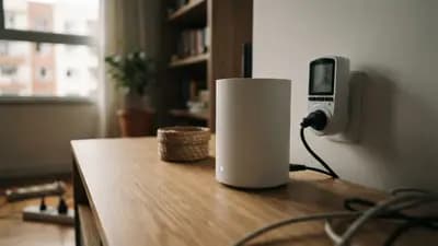 Close em um roteador Wi-Fi 6 Mesh branco sobre uma mesa com um medidor de consumo digital conectado à tomada