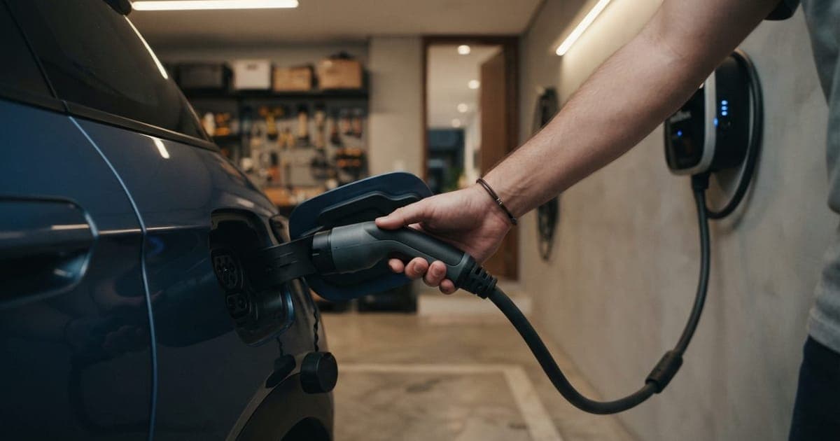 Mão conectando cabo de carregamento Wallbox em carro elétrico estacionado na garagem residencial privada