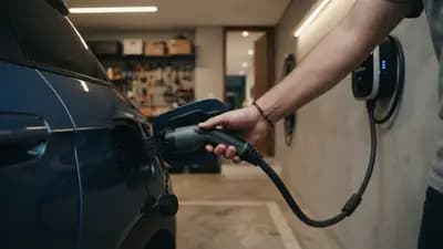 Mão conectando cabo de carregamento Wallbox em carro elétrico estacionado na garagem residencial privada