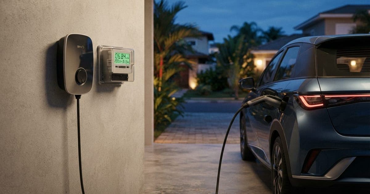 Carro elétrico sendo carregado em uma estação residencial com medidor de energia digital visível