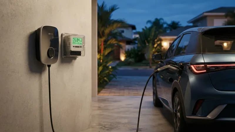 Carro elétrico sendo carregado em uma estação residencial com medidor de energia digital visível