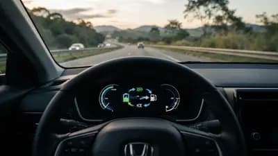 Painel de instrumento de carro hibrido mostrando consumo de bateria e gasolina em estrada brasileira