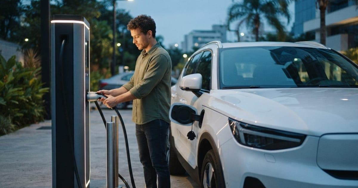 Motorista conectando cabo de carregador rápido em um SUV elétrico em uma estação pública de recarga