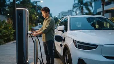Motorista conectando cabo de carregador rápido em um SUV elétrico em uma estação pública de recarga