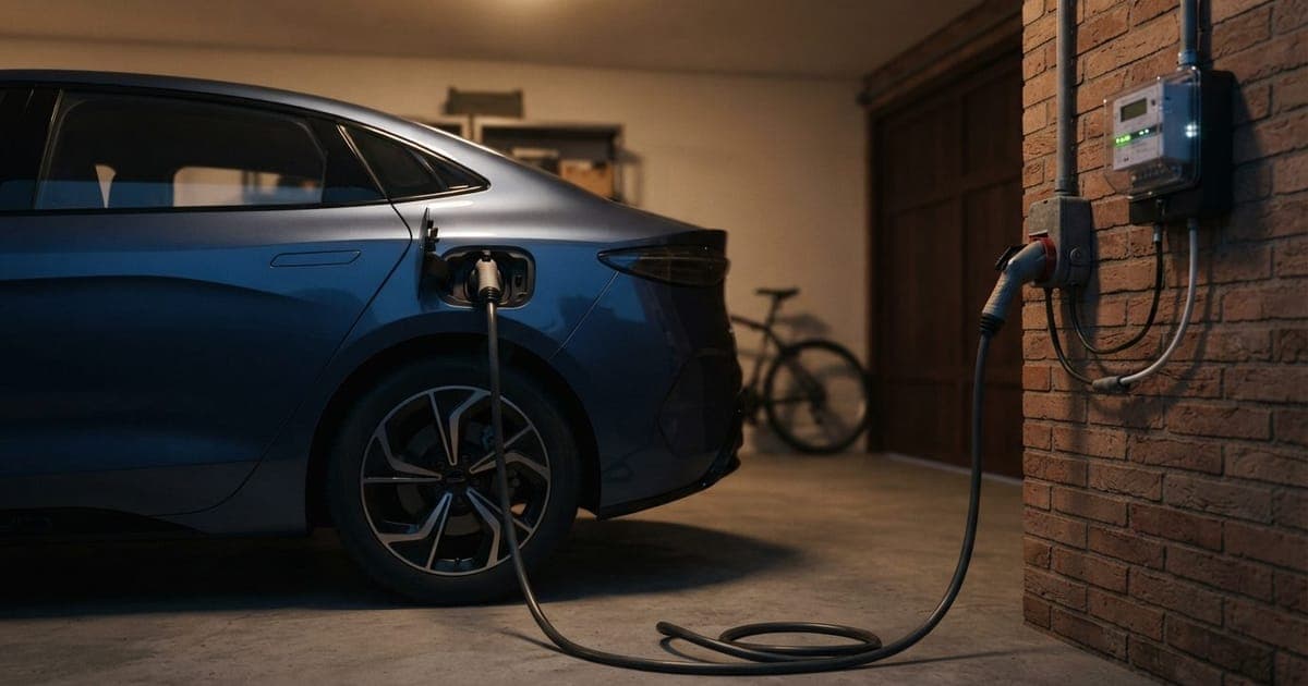 Cabo de carregador portátil conectado a um carro elétrico em garagem residencial com medidor de energia ao lado