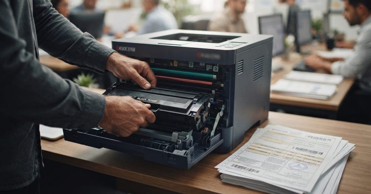 Mãos trocando um cartucho de toner em impressora laser de escritório com papéis de documentos fiscais ao lado.