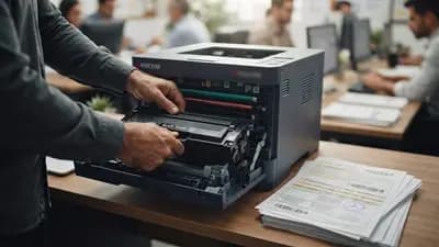 Mãos trocando um cartucho de toner em impressora laser de escritório com papéis de documentos fiscais ao lado.
