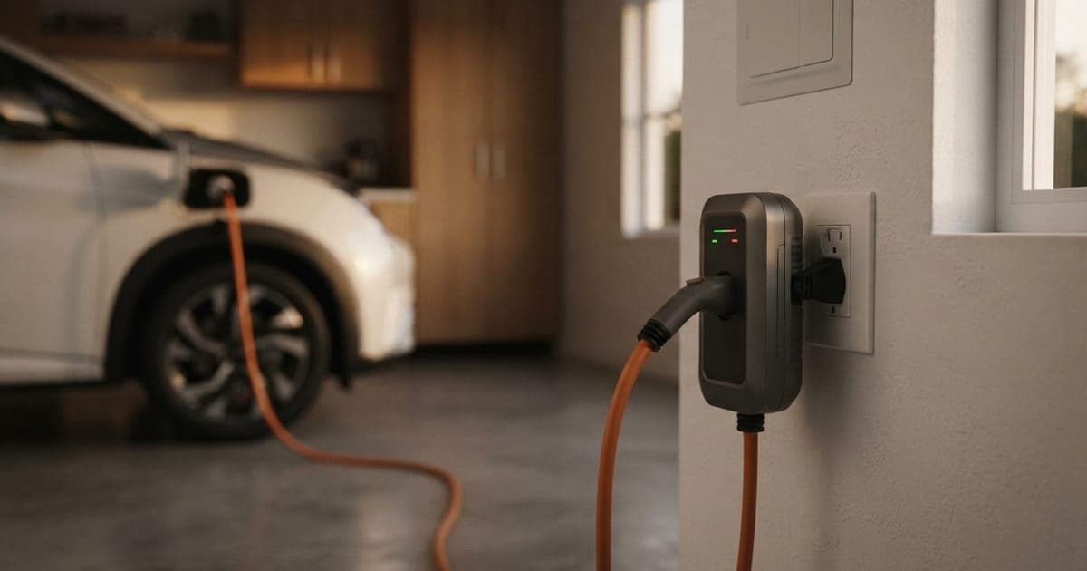 Carregador portátil de carro elétrico conectado a uma tomada residencial em uma garagem residencial moderna