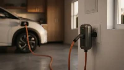 Carregador portátil de carro elétrico conectado a uma tomada residencial em uma garagem residencial moderna