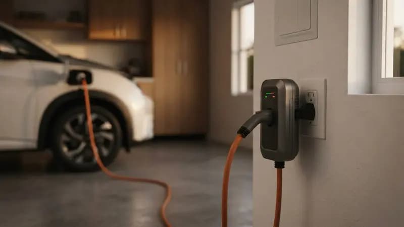 Carregador portátil de carro elétrico conectado a uma tomada residencial em uma garagem residencial moderna