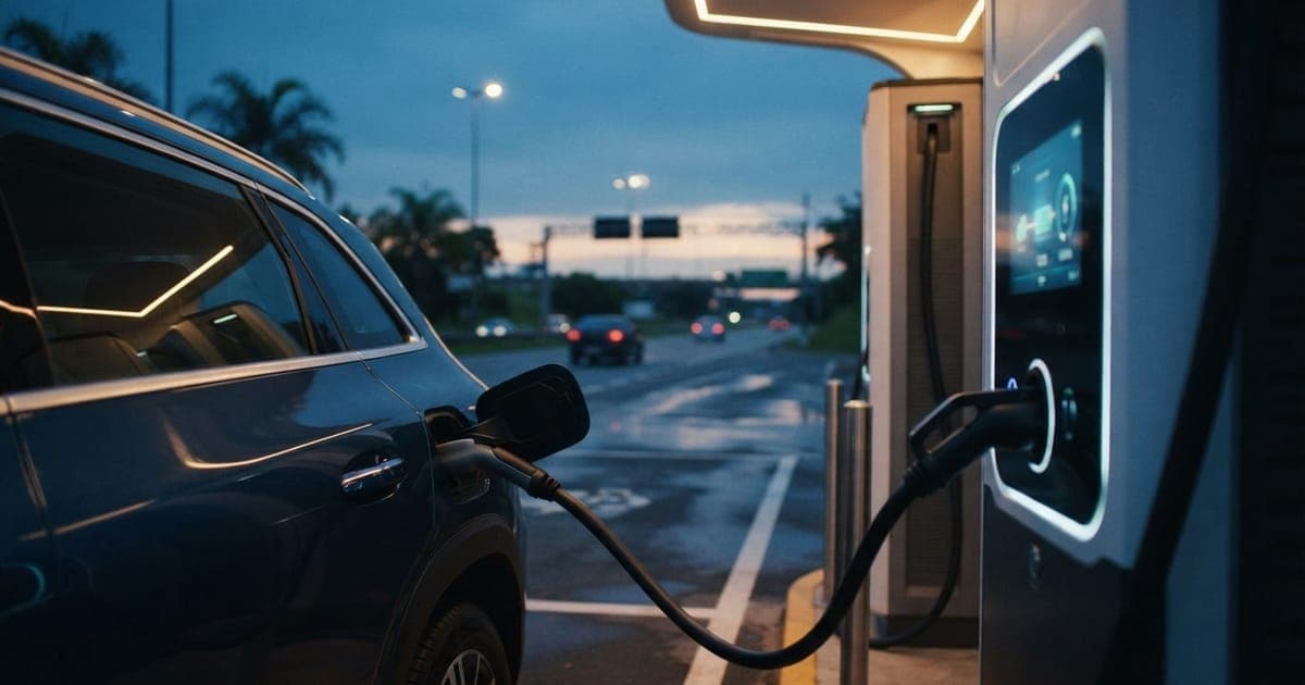 Carro elétrico conectado a cabo de carregamento rápido em estação pública de rodovia com painel de medidor visível