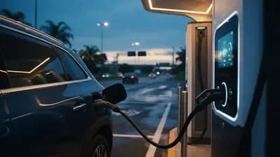 Carro elétrico conectado a cabo de carregamento rápido em estação pública de rodovia com painel de medidor visível