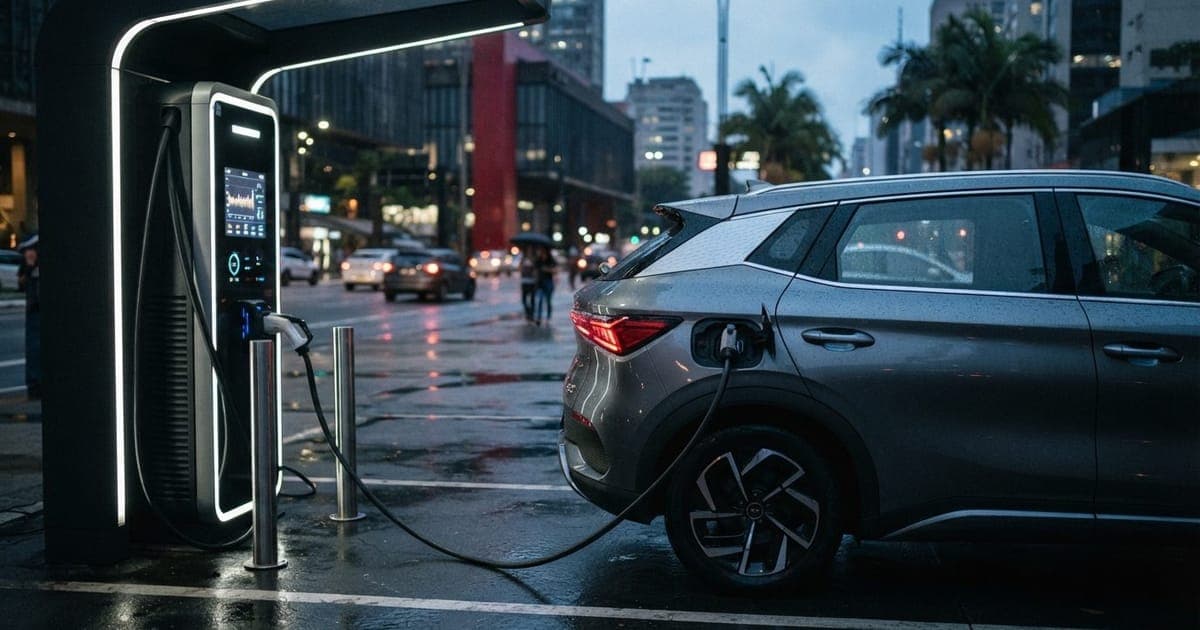 Carro elétrico conectado a um carregador rápido em eletroposto moderno com display digital mostrando o consumo de energia