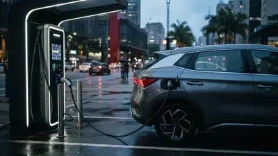 Carro elétrico conectado a um carregador rápido em eletroposto moderno com display digital mostrando o consumo de energia