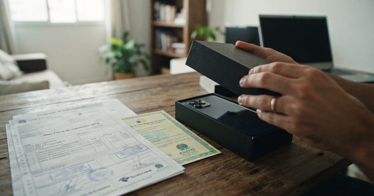 Caixa de smartphone sendo aberta em uma mesa ao lado de documentos fiscais e nota de impostos sobre importação