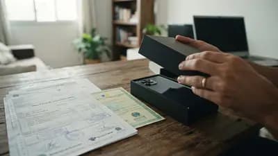 Caixa de smartphone sendo aberta em uma mesa ao lado de documentos fiscais e nota de impostos sobre importação