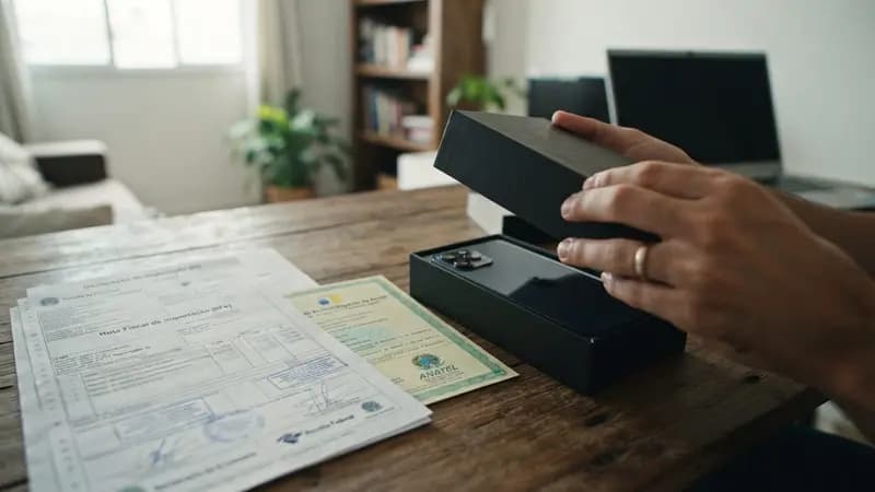 Caixa de smartphone sendo aberta em uma mesa ao lado de documentos fiscais e nota de impostos sobre importação