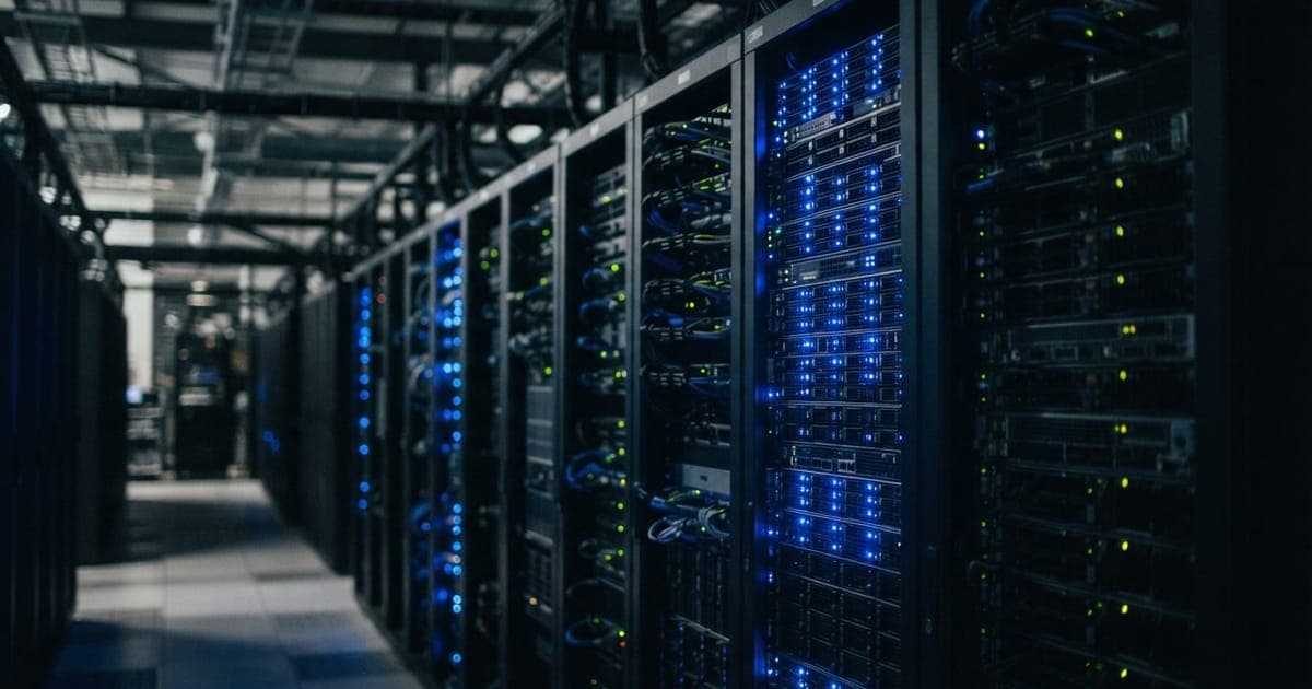 Servidores de alta performance em racks de um data center com luzes de LED azuis indicando processamento ativo de dados.