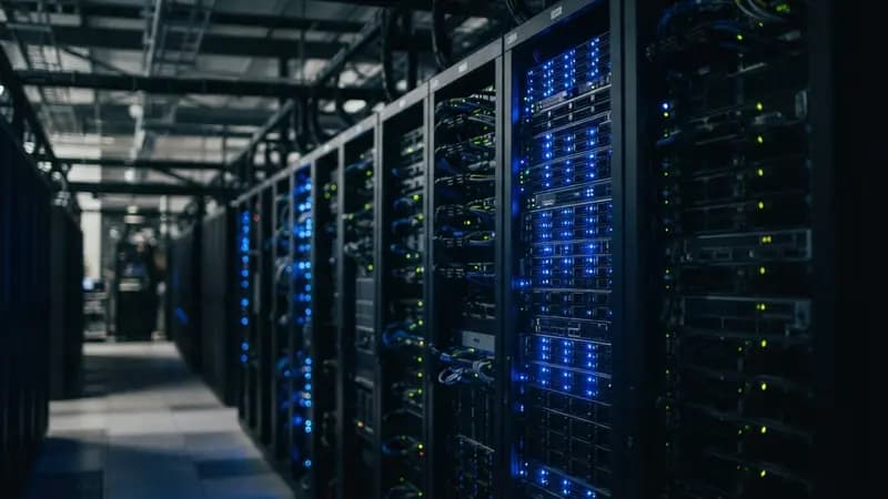 Servidores de alta performance em racks de um data center com luzes de LED azuis indicando processamento ativo de dados.