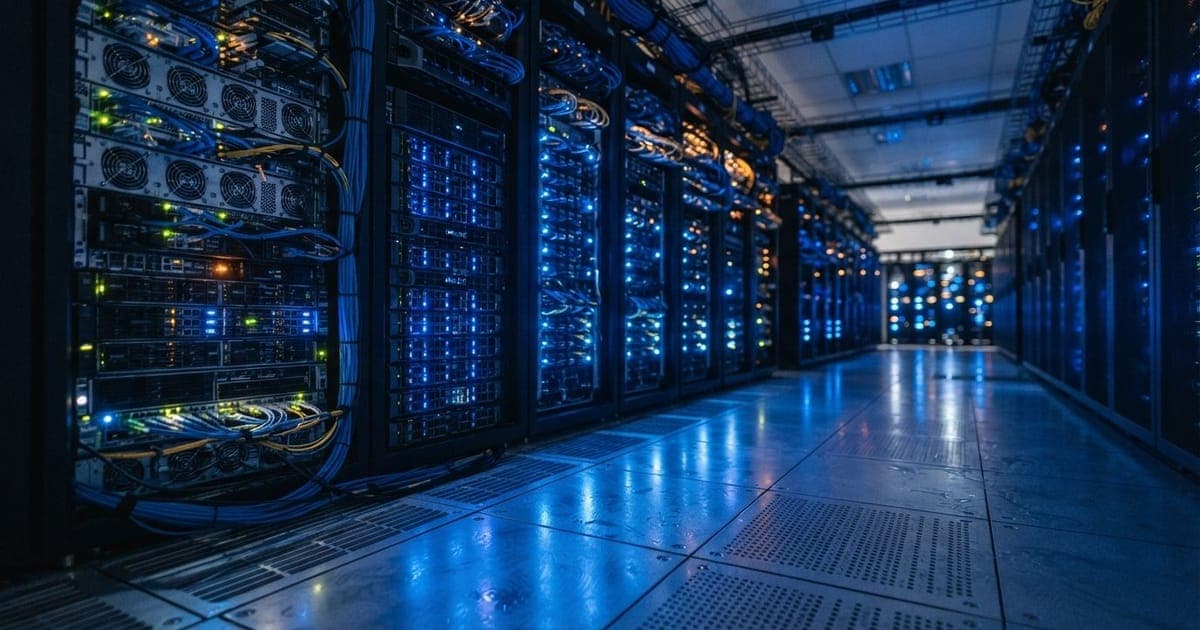 Infraestrutura de servidores de alta densidade em um data center moderno com luzes de LED azuis refletidas em piso metálico