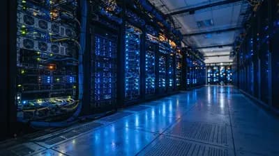 Infraestrutura de servidores de alta densidade em um data center moderno com luzes de LED azuis refletidas em piso metálico