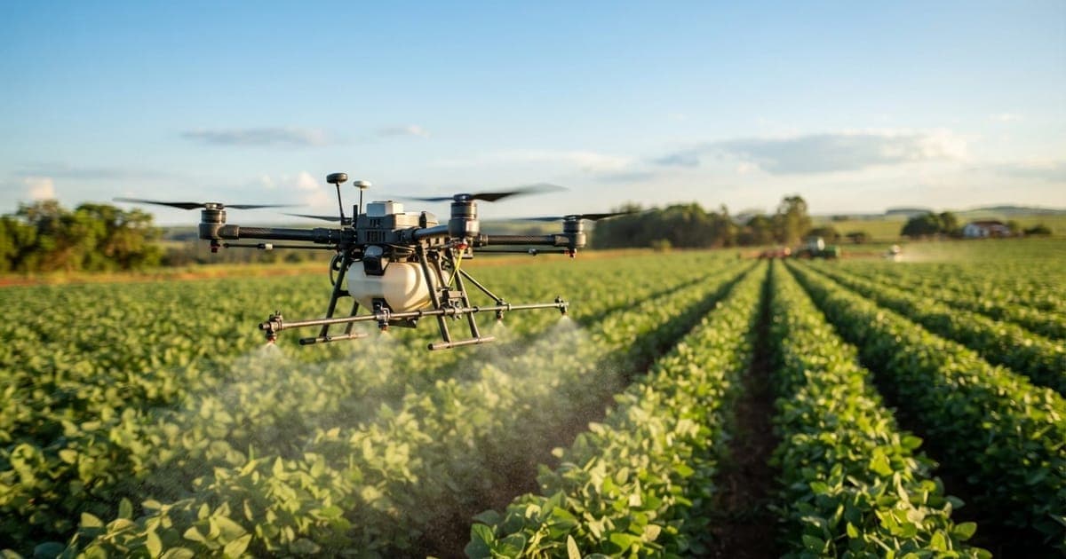 Drone agrícola realizando pulverização em plantação de soja sob céu limpo com tecnologia de monitoramento aérea.