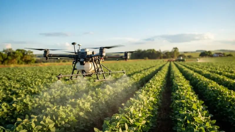 Drone agrícola realizando pulverização em plantação de soja sob céu limpo com tecnologia de monitoramento aérea.