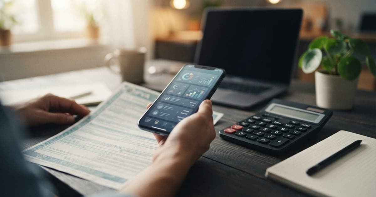 Documento de IPVA sendo verificado em smartphone com calculadora financeira ao lado sobre uma mesa de escritório.
