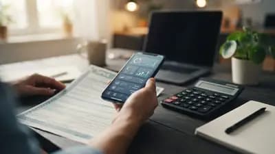 Documento de IPVA sendo verificado em smartphone com calculadora financeira ao lado sobre uma mesa de escritório.