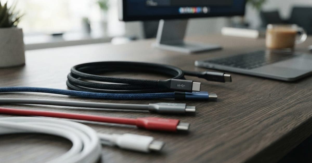 Cabos de dados USB-C de diferentes cores e especificações organizados sobre uma mesa de escritório moderna.
