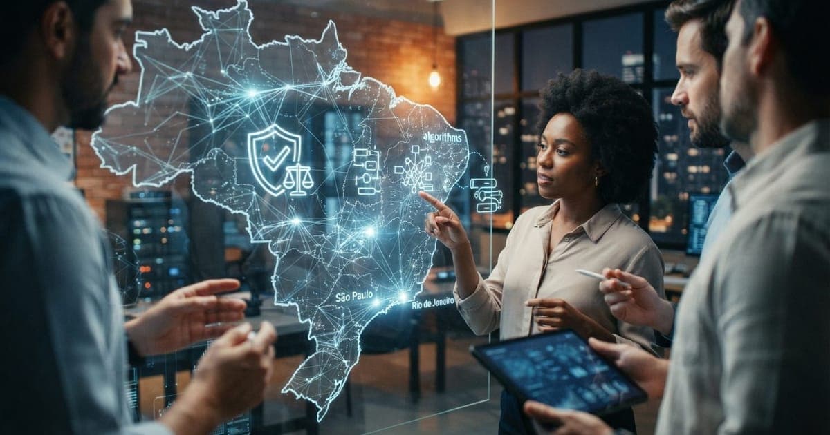 Representação gráfica de conexão de rede digital sobre um mapa do Brasil com ícones de governança e algoritmos.