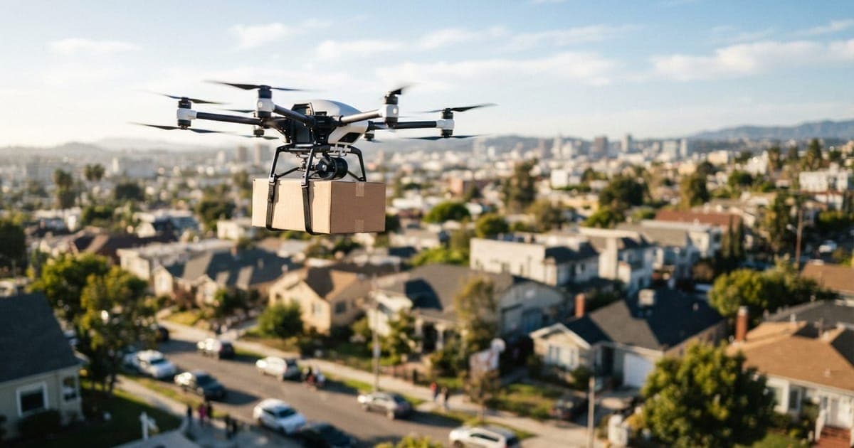 Drone de entrega carregando pacote com a logo da empresa em ambiente urbano ensolarado durante teste de voo comercial