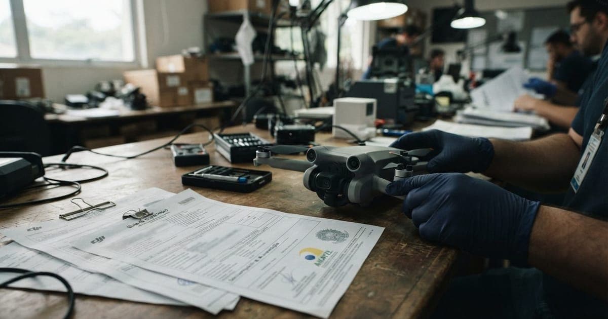 Close em um drone DJI Mini sendo inspecionado sobre uma mesa ao lado de documentos de importação e um selo Anatel.