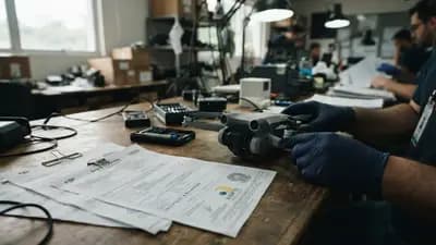 Close em um drone DJI Mini sendo inspecionado sobre uma mesa ao lado de documentos de importação e um selo Anatel.