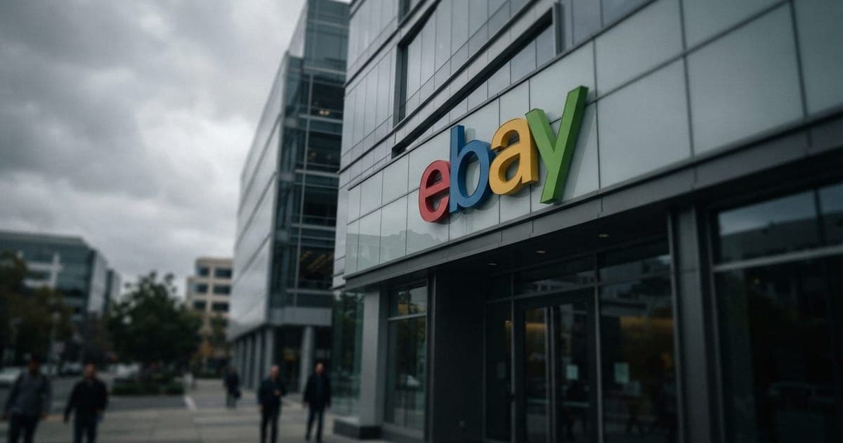 Fachada do escritório do eBay em um dia nublado, focando na logo da marca e na estrutura corporativa da empresa.