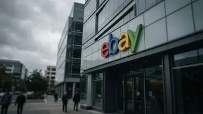 Fachada do escritório do eBay em um dia nublado, focando na logo da marca e na estrutura corporativa da empresa.
