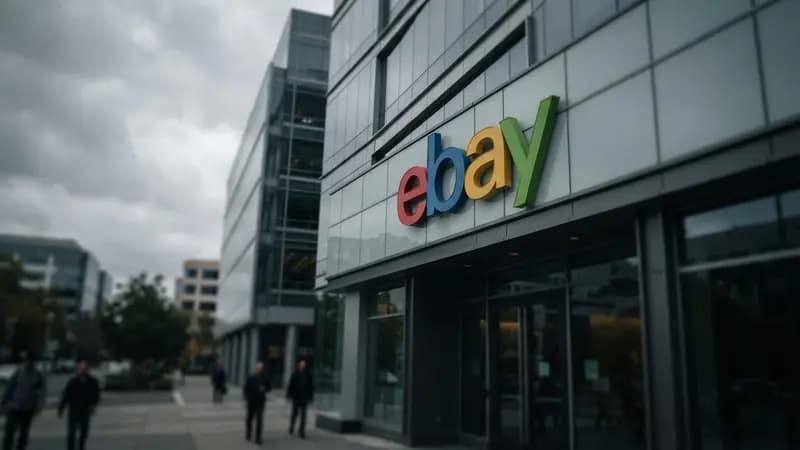 Fachada do escritório do eBay em um dia nublado, focando na logo da marca e na estrutura corporativa da empresa.