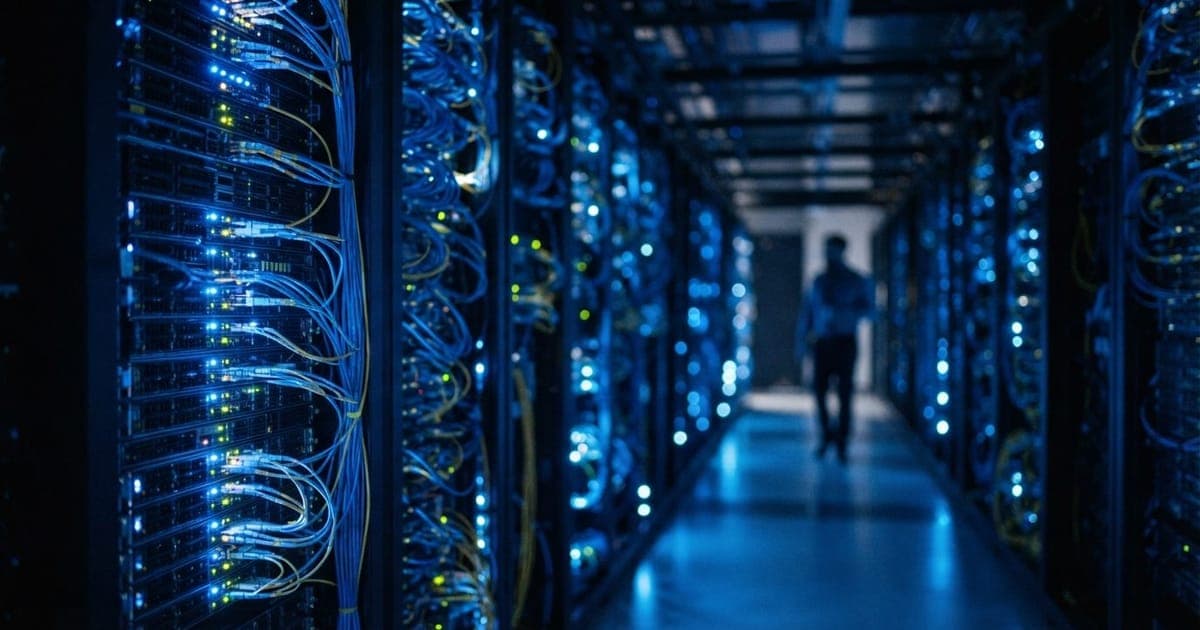 Servidores de alta performance em um data center moderno com luzes LED azuis simbolizando a conectividade da inteligência artificial.